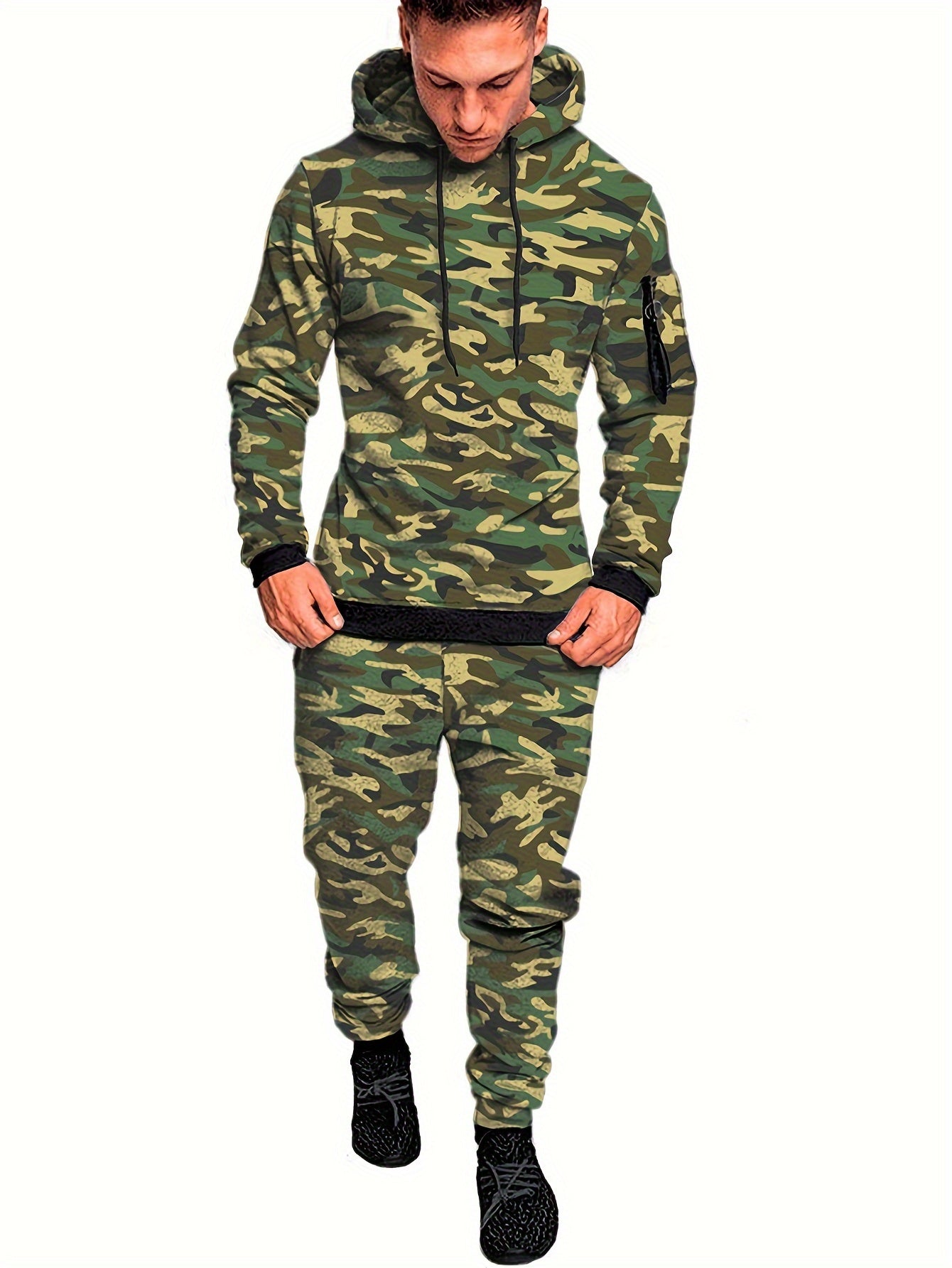 2pcs Men's Running Outfits Hooded Stretch Tops With Pants