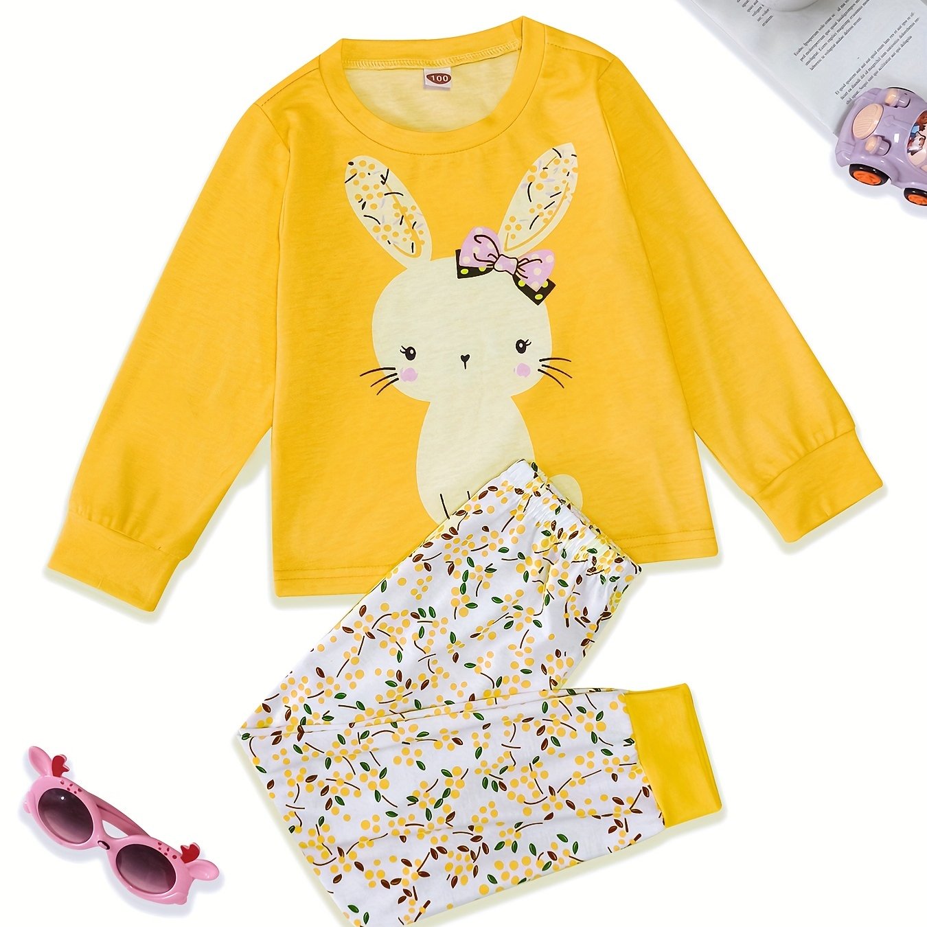2pcs Toddler Girls Bunny Top & Floral Trousers Pajama Set