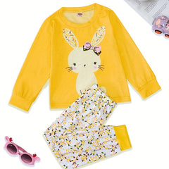 2pcs Toddler Girls Bunny Top & Floral Trousers Pajama Set
