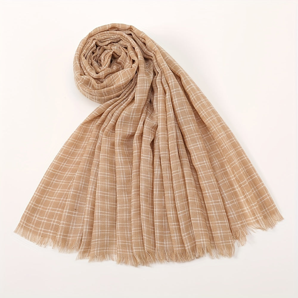 Sunscreen Plaid Cotton Linen Long Scarf