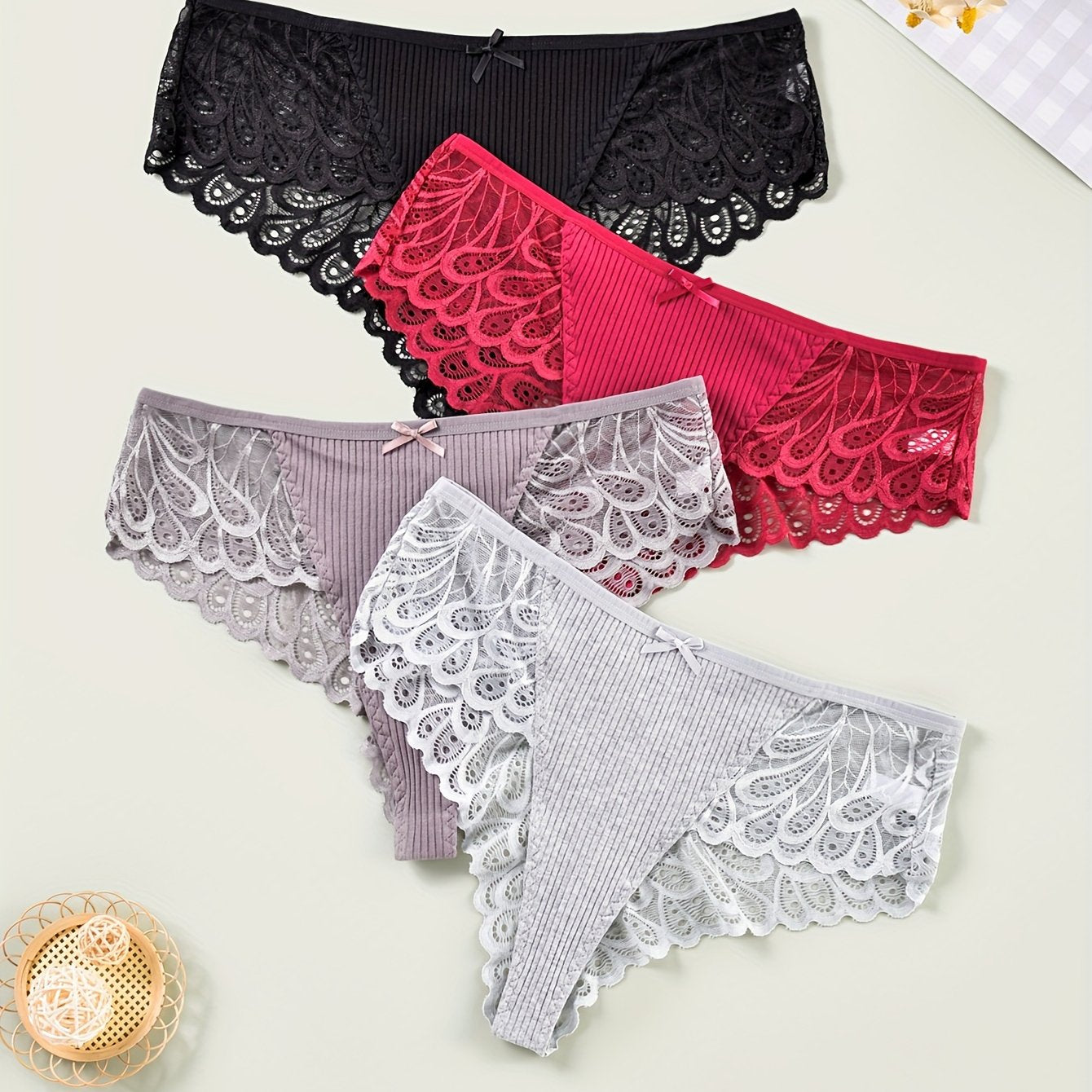 4 Pack Plus Size Sexy Panties Set Women's Plus Ribbed Knit Contrast Lace Briefs