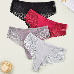 4 Pack Plus Size Sexy Panties Set Women's Plus Ribbed Knit Contrast Lace Briefs