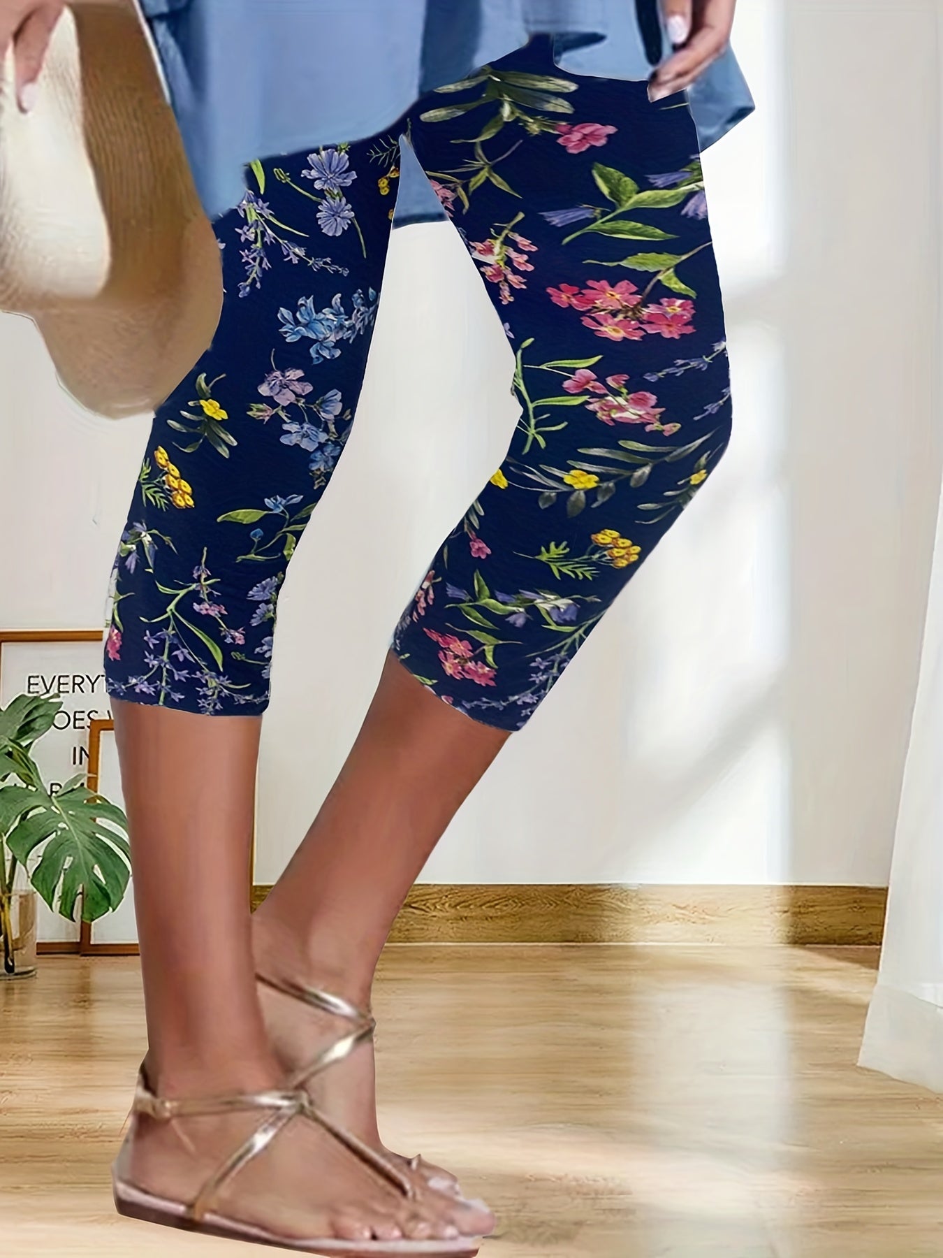 Floral Print Skinny Capris Leggings Women's Crop Leggings