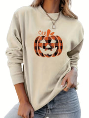 Halloween Pumpkin Print Crew Neck Sweatshirt for Women