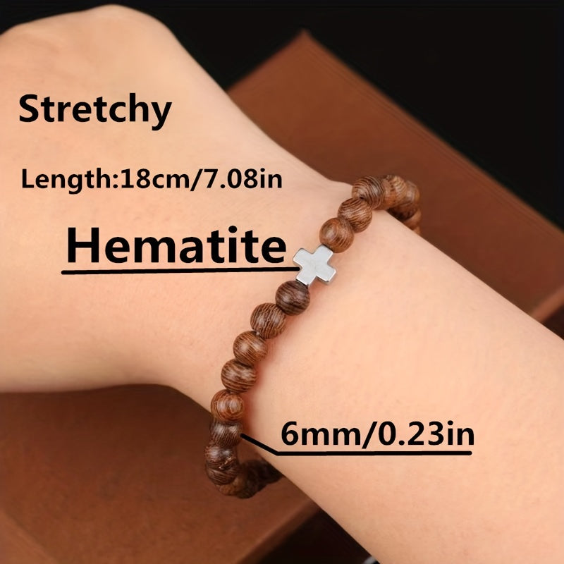 Natural Chicken Wing Wood Bracelet Hematite Cross Bohemian Ethnic Style
