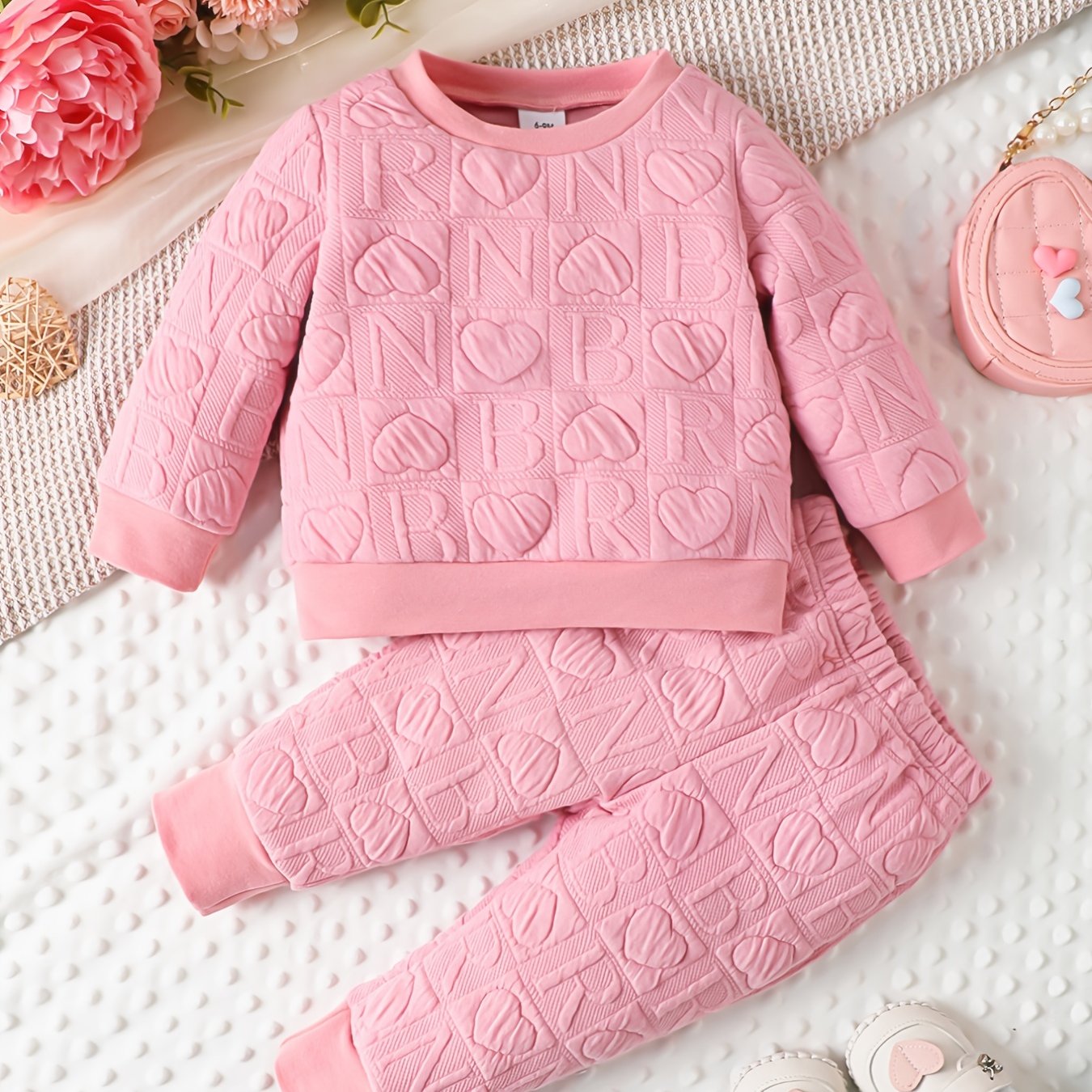 2pcs Baby Girls Heart Print Sweatshirt Sweatpants Set