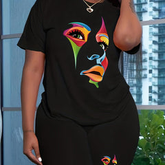 Colorblock Figure Print Short Sleeve Two Piece Set