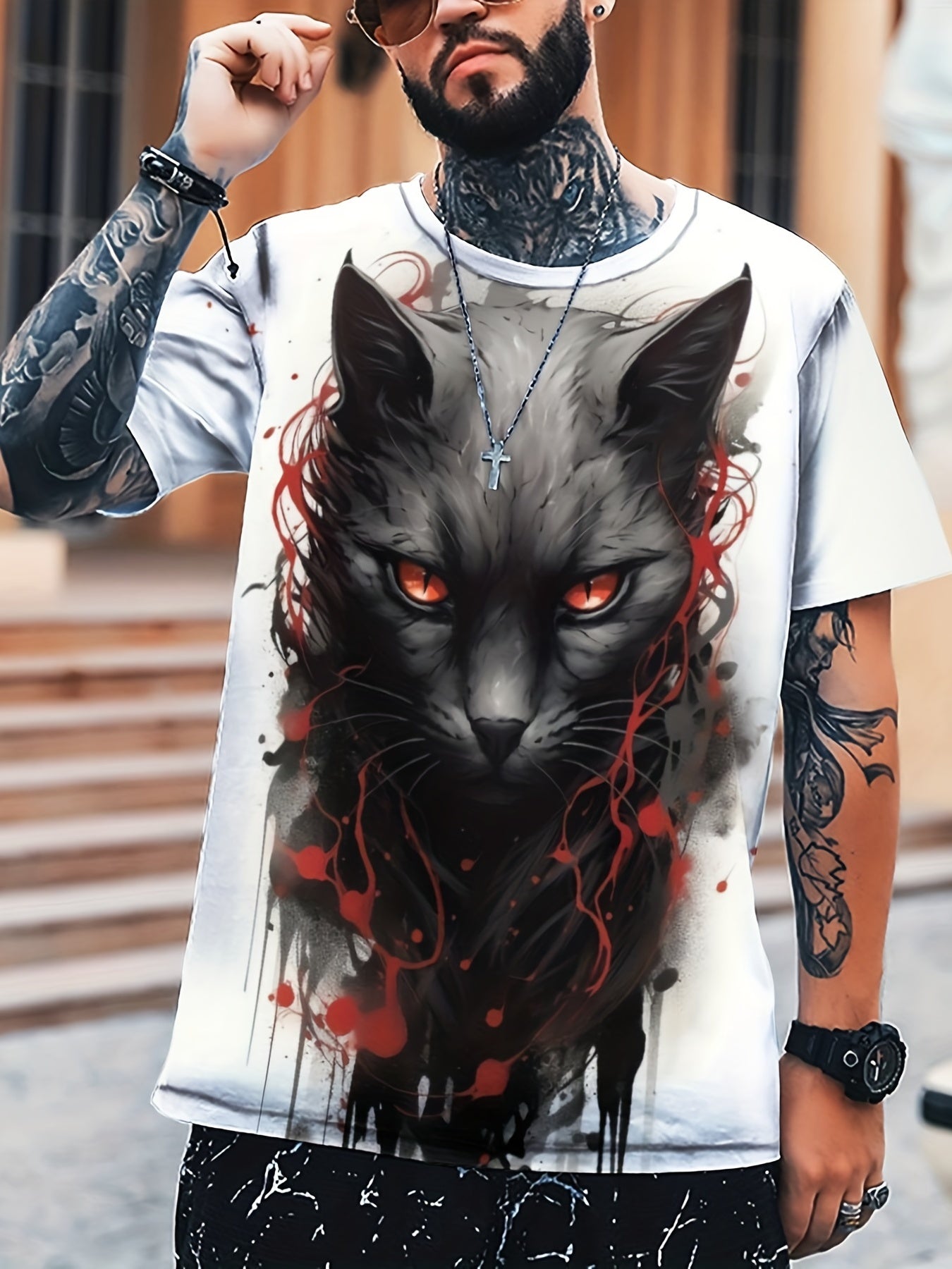 Men's Cat Print T-shirt Comfy Stretch Crew Neck Tee