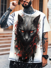 Men's Cat Print T-shirt Comfy Stretch Crew Neck Tee