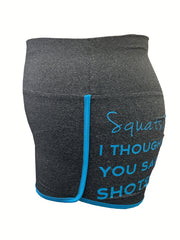 Ruched Slogan Print High Waist Athletic Shorts