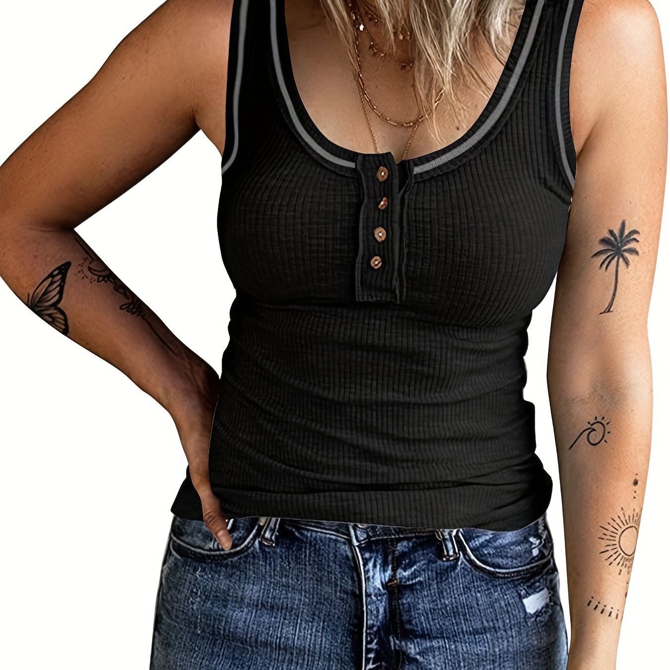 Ribbed Button Front Tank Top Sleeveless Crew Neck Casual Summer Women's Clothing