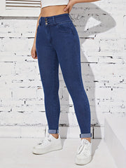 High Stretch Straight Jeans Slash Pockets Versatile Denim Pants