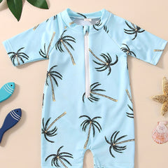 Baby Girls Coconut Tree Print Swimsuit Short Sleeve Kids Beach Jumpsuit
