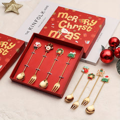 6pcs Dessert Cutlery Set Golden Christmas Cartoon Fork Spoon Set