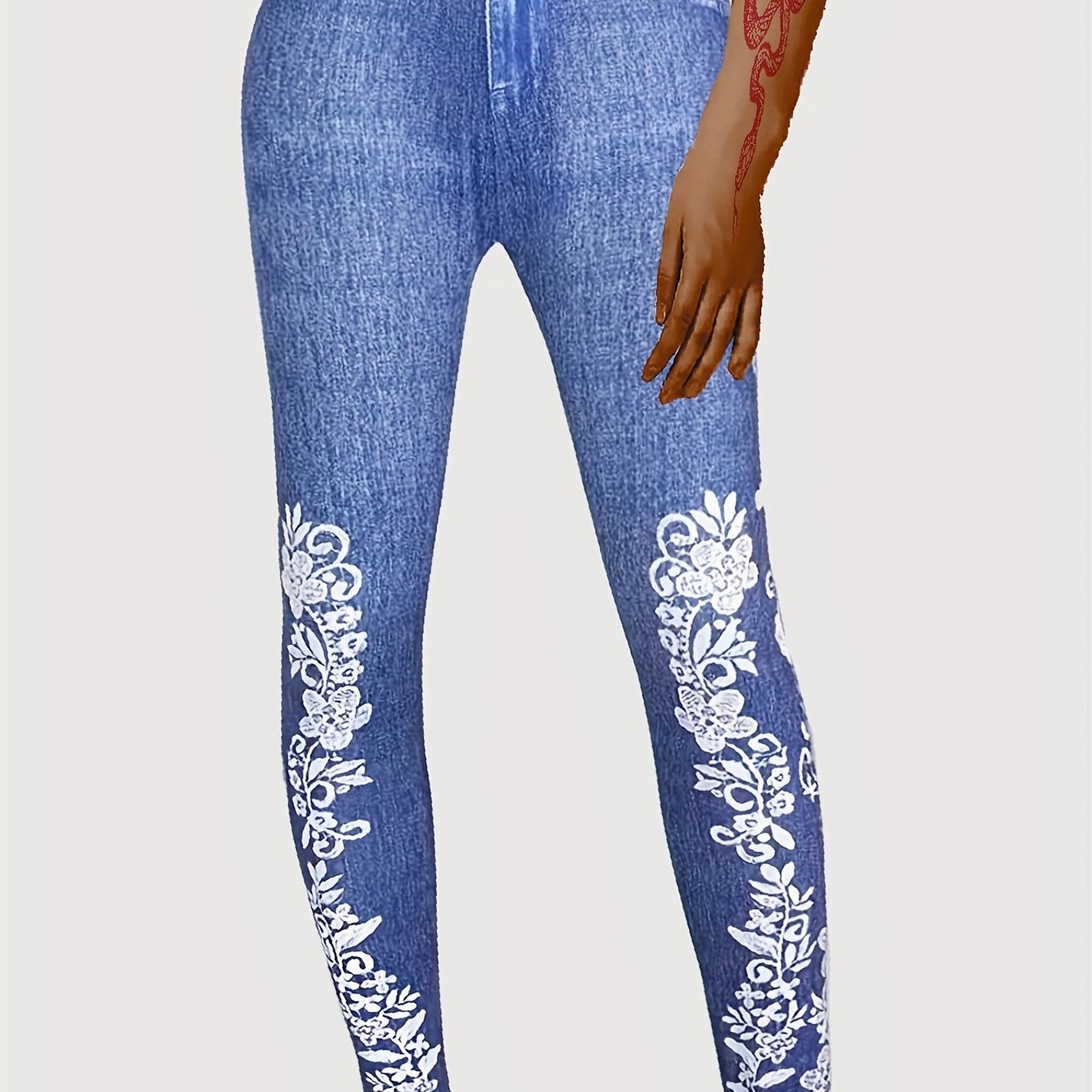 Floral & Denim Print Leggings Skinny Casual Leggings Women's Clothing