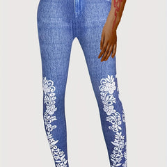 Floral & Denim Print Leggings Skinny Casual Leggings Women's Clothing