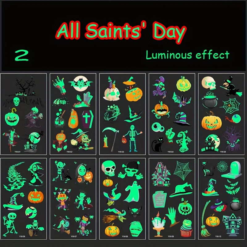 10pcs Halloween Luminous Tattoo Stickers - Waterproof Spider Temps