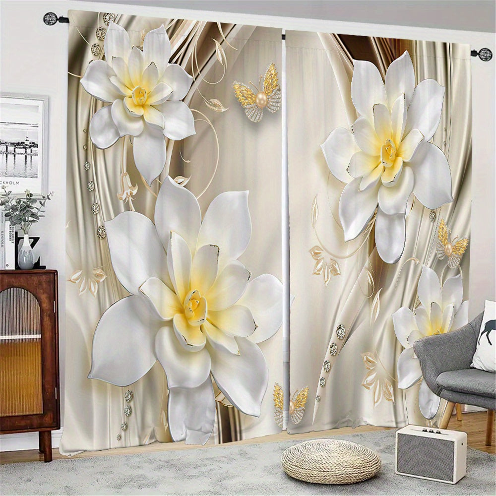 2pcs Flower Crystal Printed Window Curtain Home Decoration