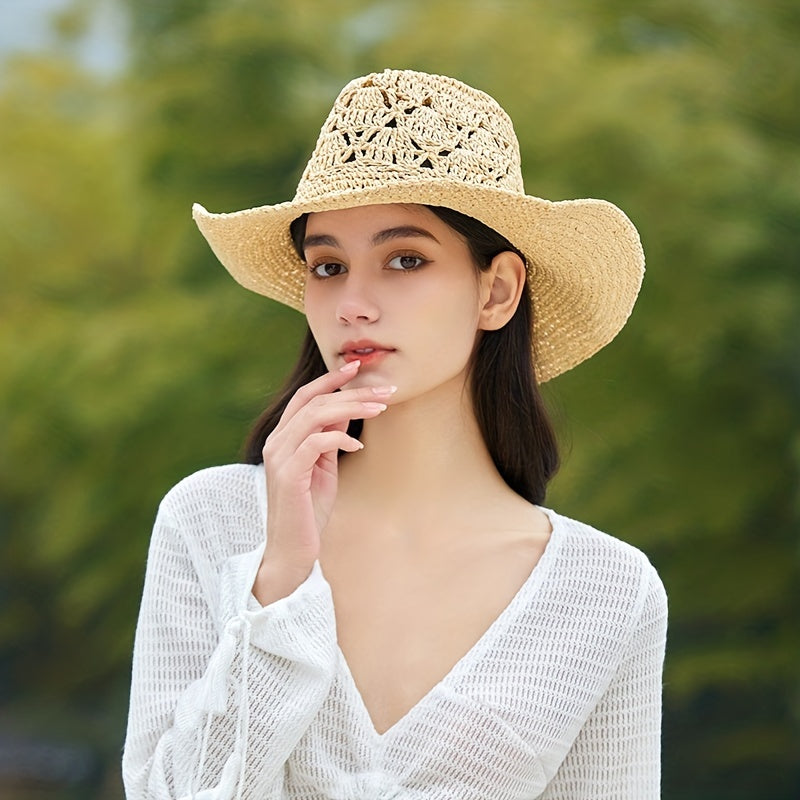 Bohemian Crochet Sun Hat Western Cowgirl Straw Hat