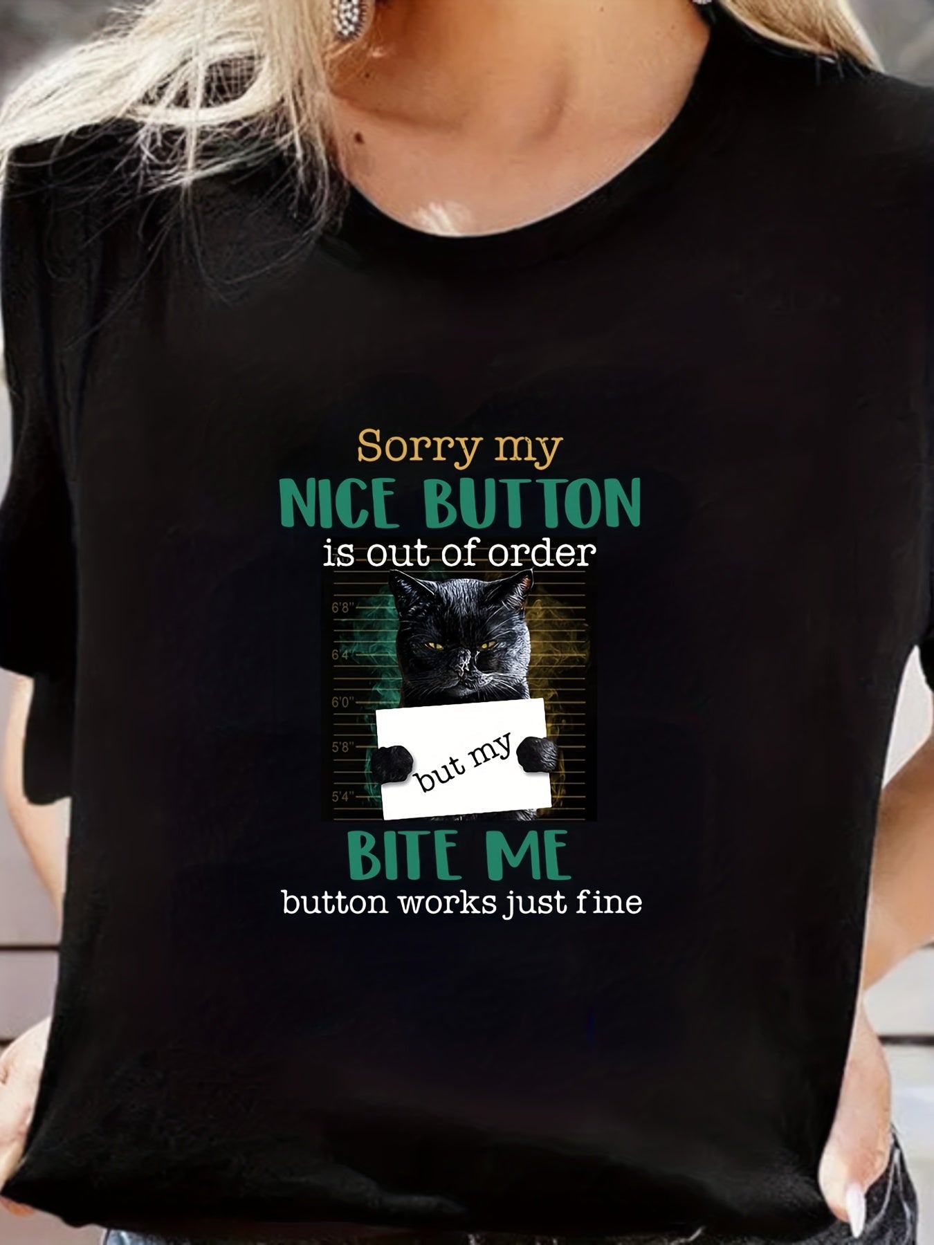 Letter Print Cat Graphic Short Sleeved T Shirt