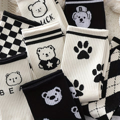 10 Pairs Bear & Plaid Print Socks Mid Tube Women's Stockings