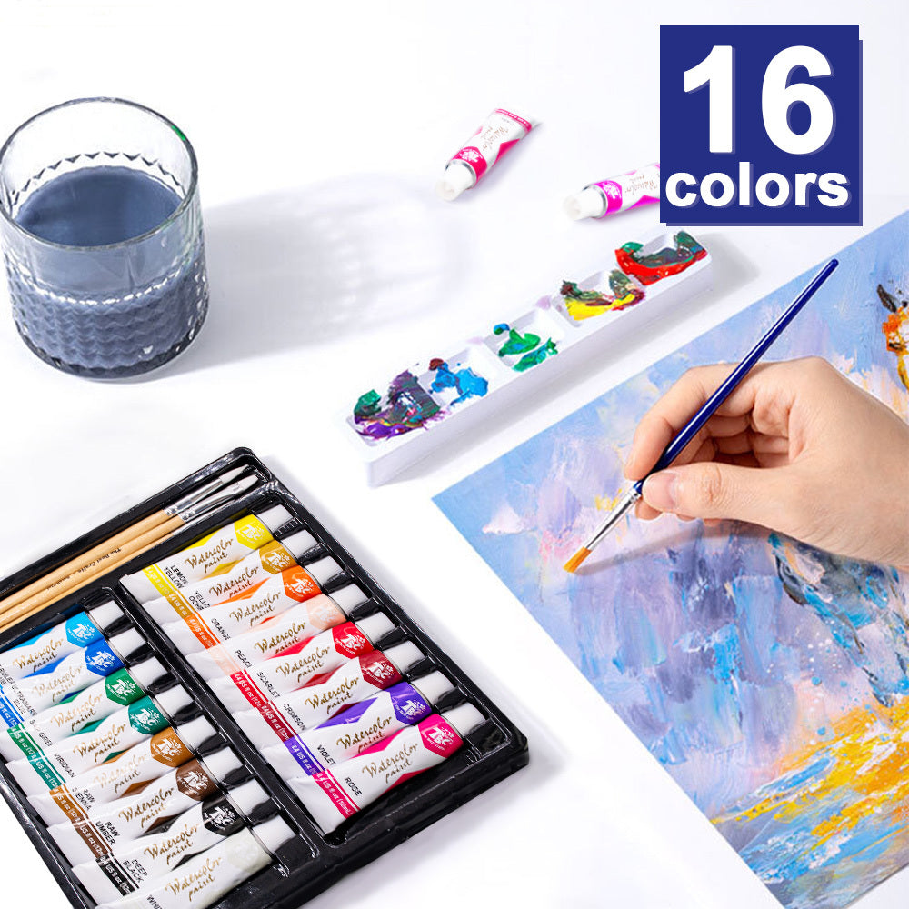 16 Colors Watercolor Paint Set 12ml Tubes with 3 Brushes