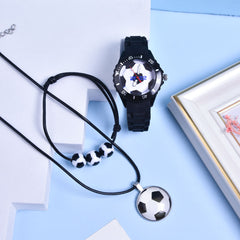 Boys' Football Pattern Sports Watch Set with Bracelet & Necklace