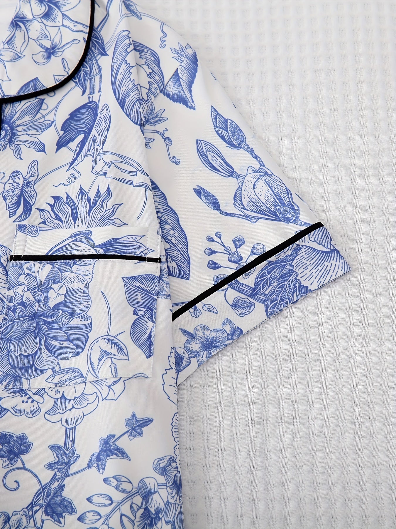 Floral Print Pajama Set Short Sleeve Top & Elastic Waistband Pants