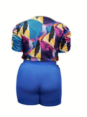 Allover Print Puff Sleeve Top & Drawstring Shorts Set