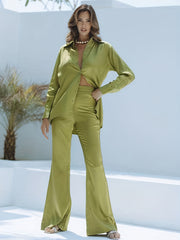 Solid Long Sleeve Button Up Shirt & Flared Leg Pants Set