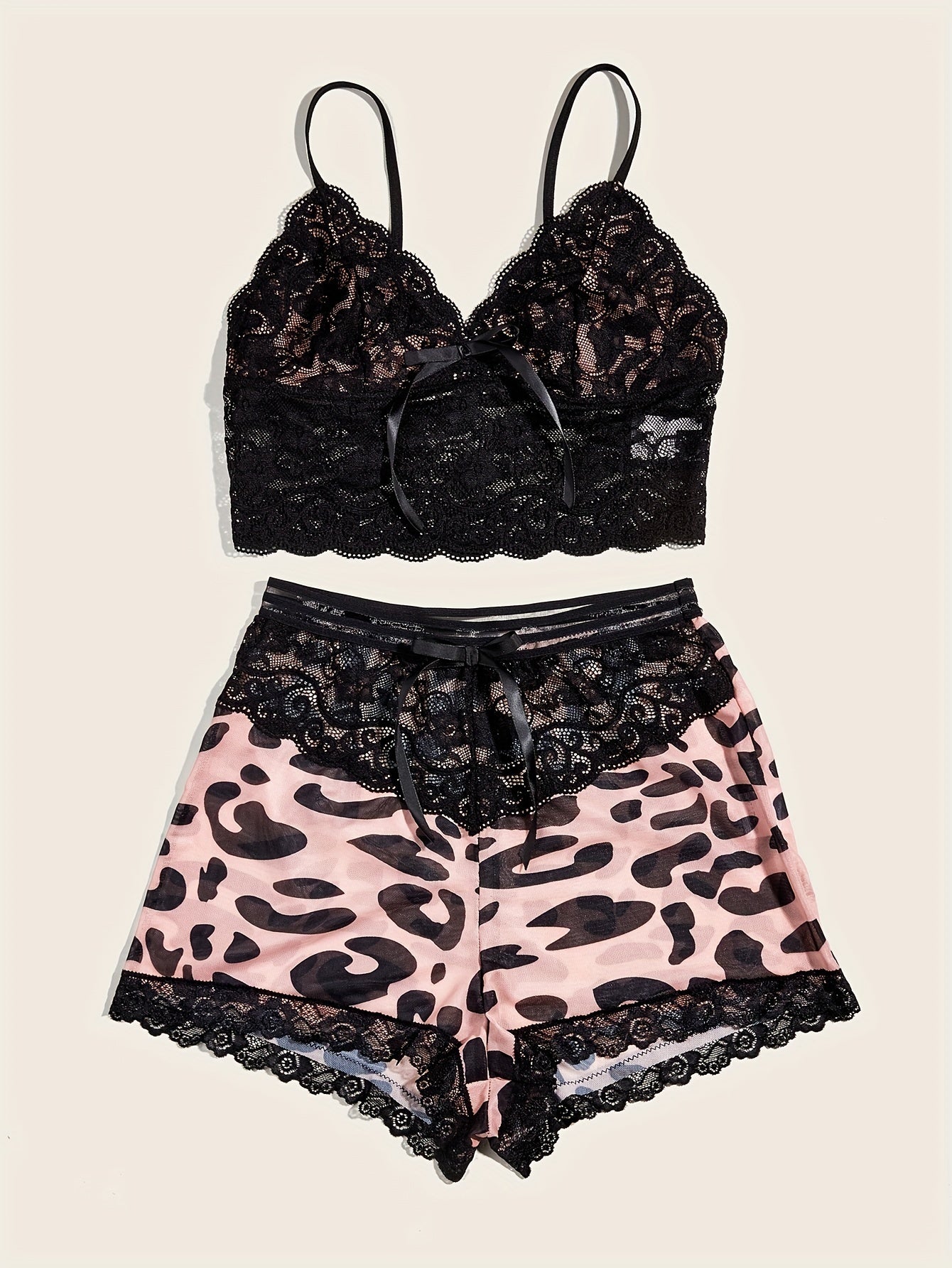 Lace Lingerie Set with Cami Top & Leopard Shorts