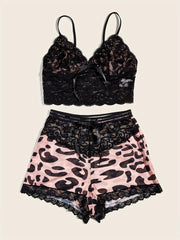 Lace Lingerie Set with Cami Top & Leopard Shorts
