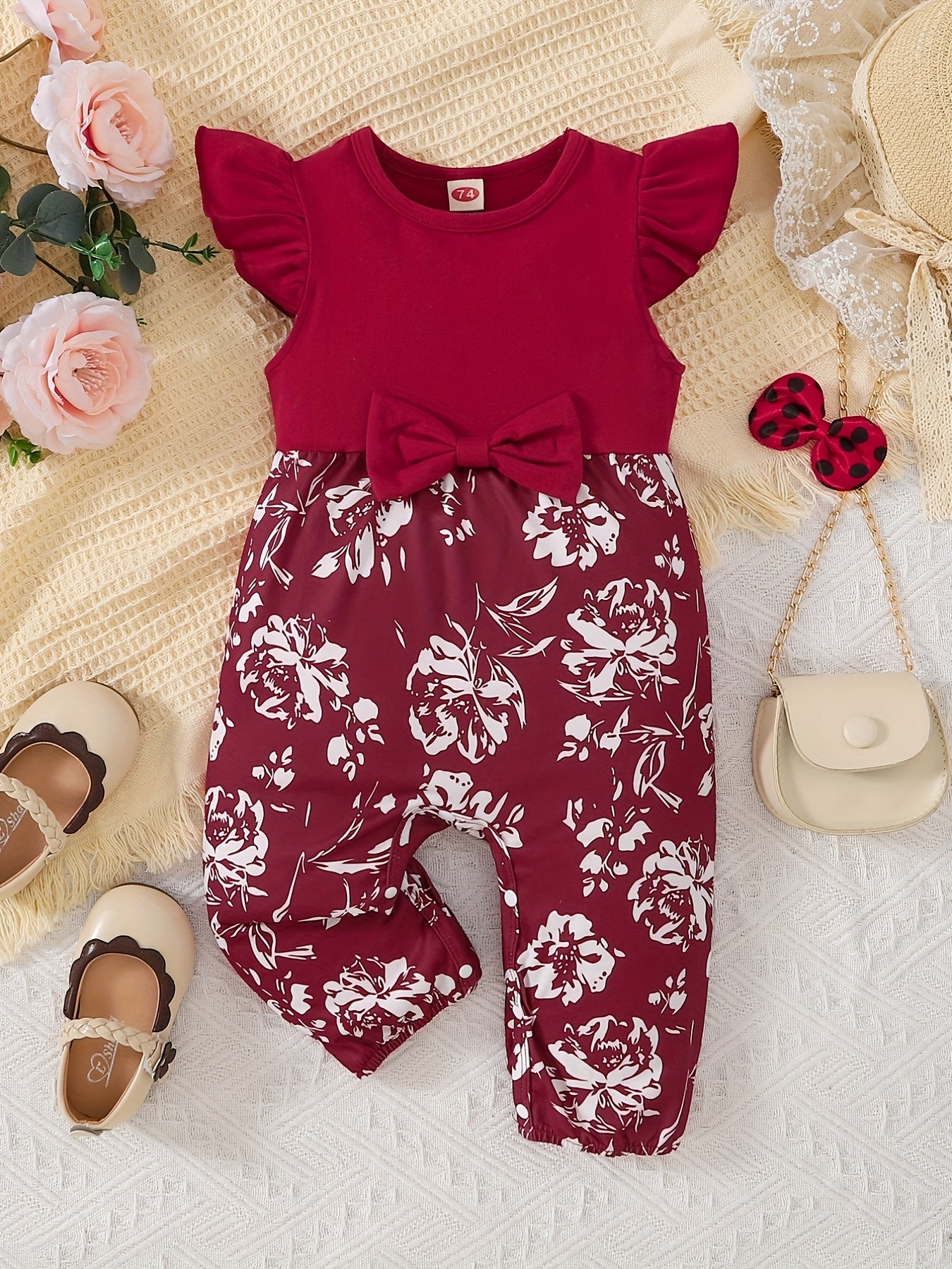 Baby Girls Floral Print Bowknot Romper Jumpsuit