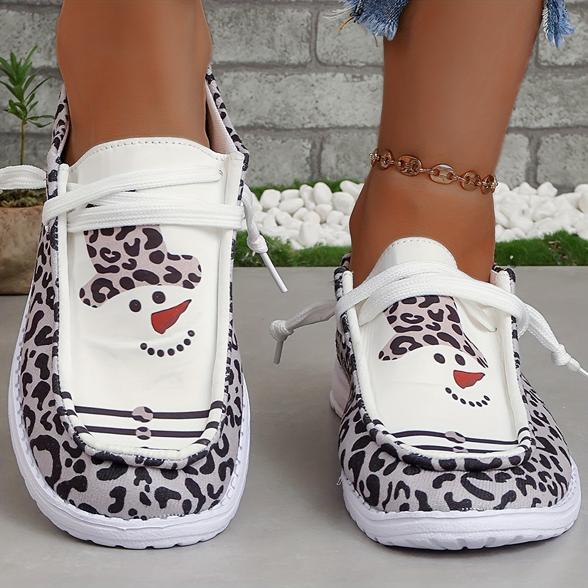 Christmas Snowman & Leopard Pattern Flat Shoes Women's Casual Shoe
