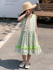 Girls Floral One piece Dress Sleeveless Crew Neck Princess Dress