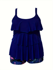 Boho Tankini Set Tropical Print Ruffle Trim Cami Top & Shorts