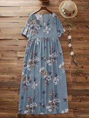 Floral Print Short Sleeve V Neck Loose Dress