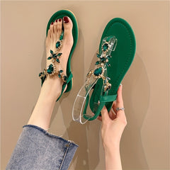 Women's Rhinestone Flat Sandals T Strap Slip On Shoes