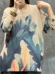 Women's Leaf Print Long Sleeve Sweater