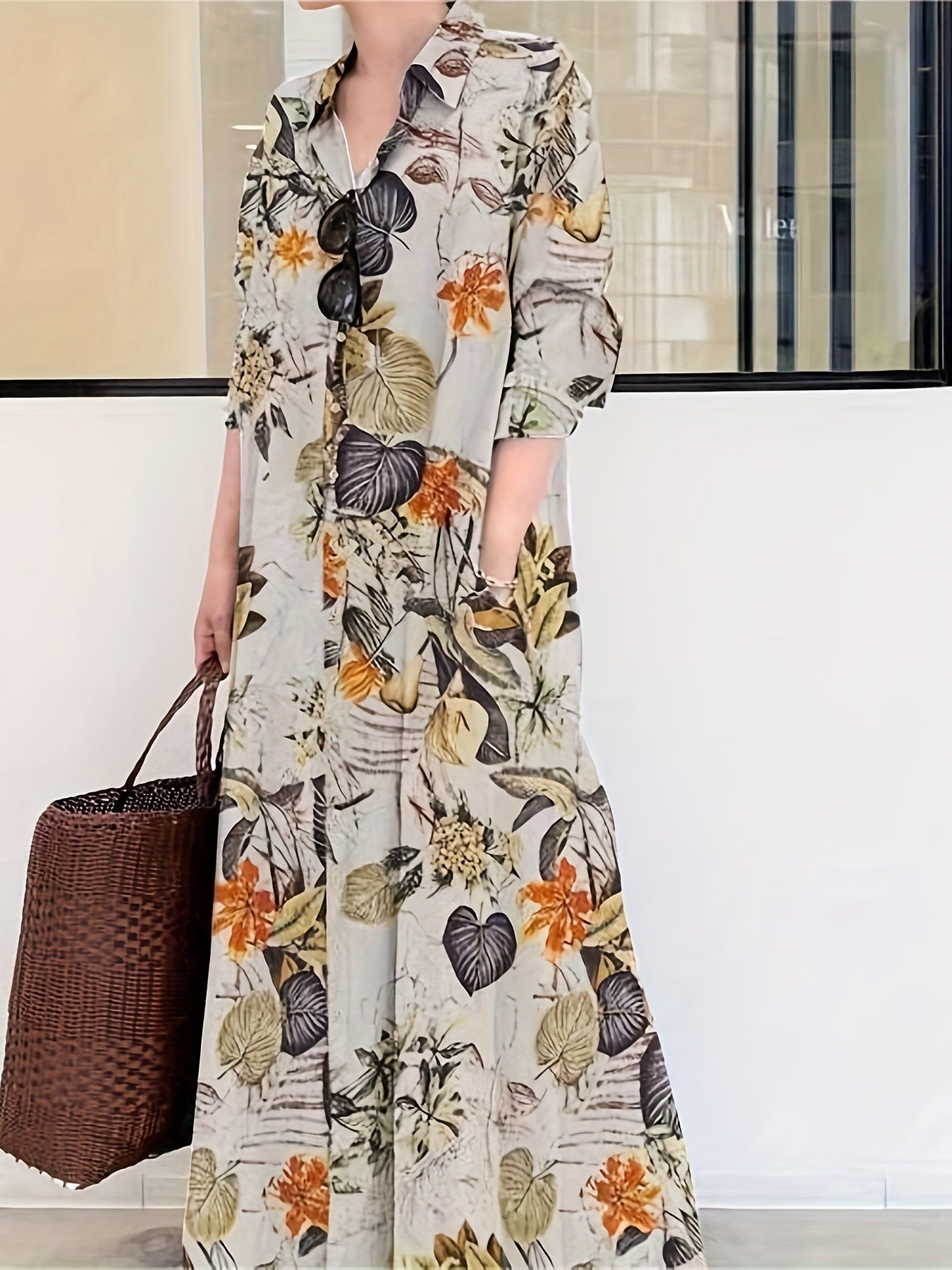 Retro Dress Women's Plus Leaf Print Long Sleeve Button Up