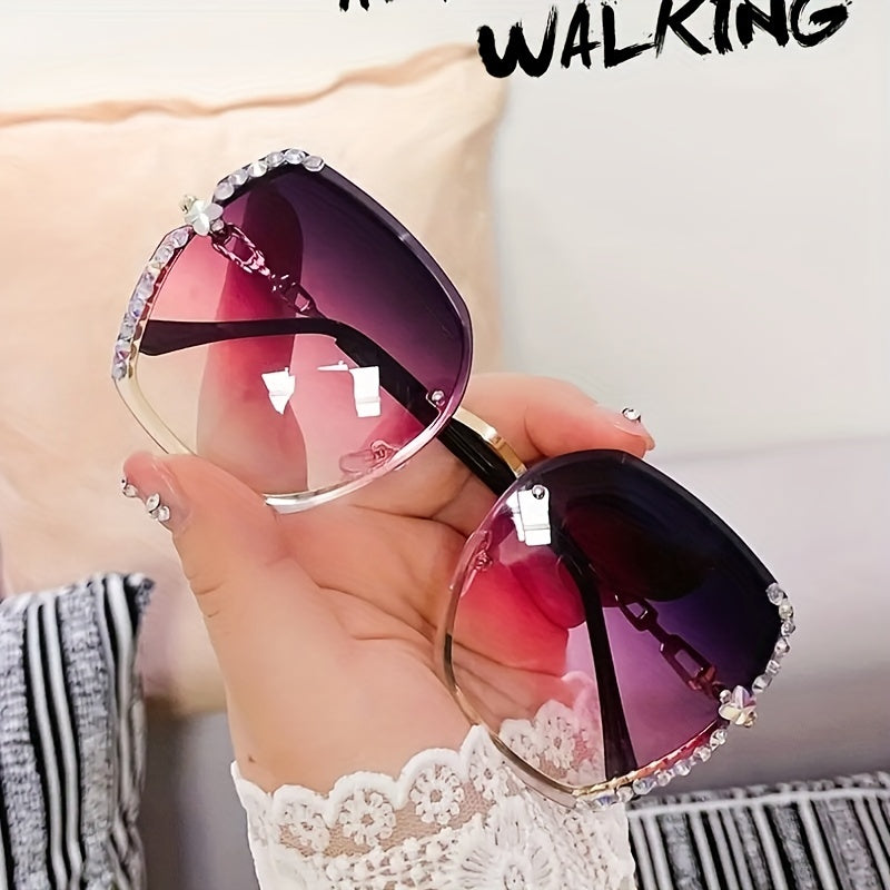 Oversized Rhinestone Sunglasses Gradient Rimless UV400