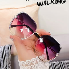 Oversized Rhinestone Sunglasses Gradient Rimless UV400