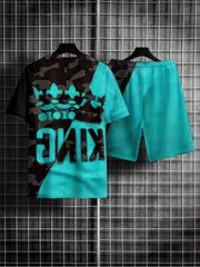 Men's King Crown Print 2 Piece Outfit T-shirt and Drawstring Shorts Set