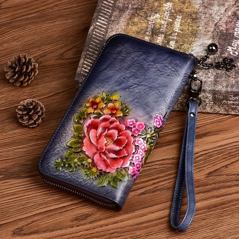 Floral Embossed Leather Wristlet Wallet for Women Zippered Clutch