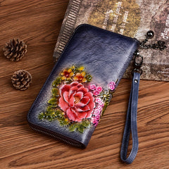 Floral Embossed Leather Wristlet Wallet for Women Zippered Clutch
