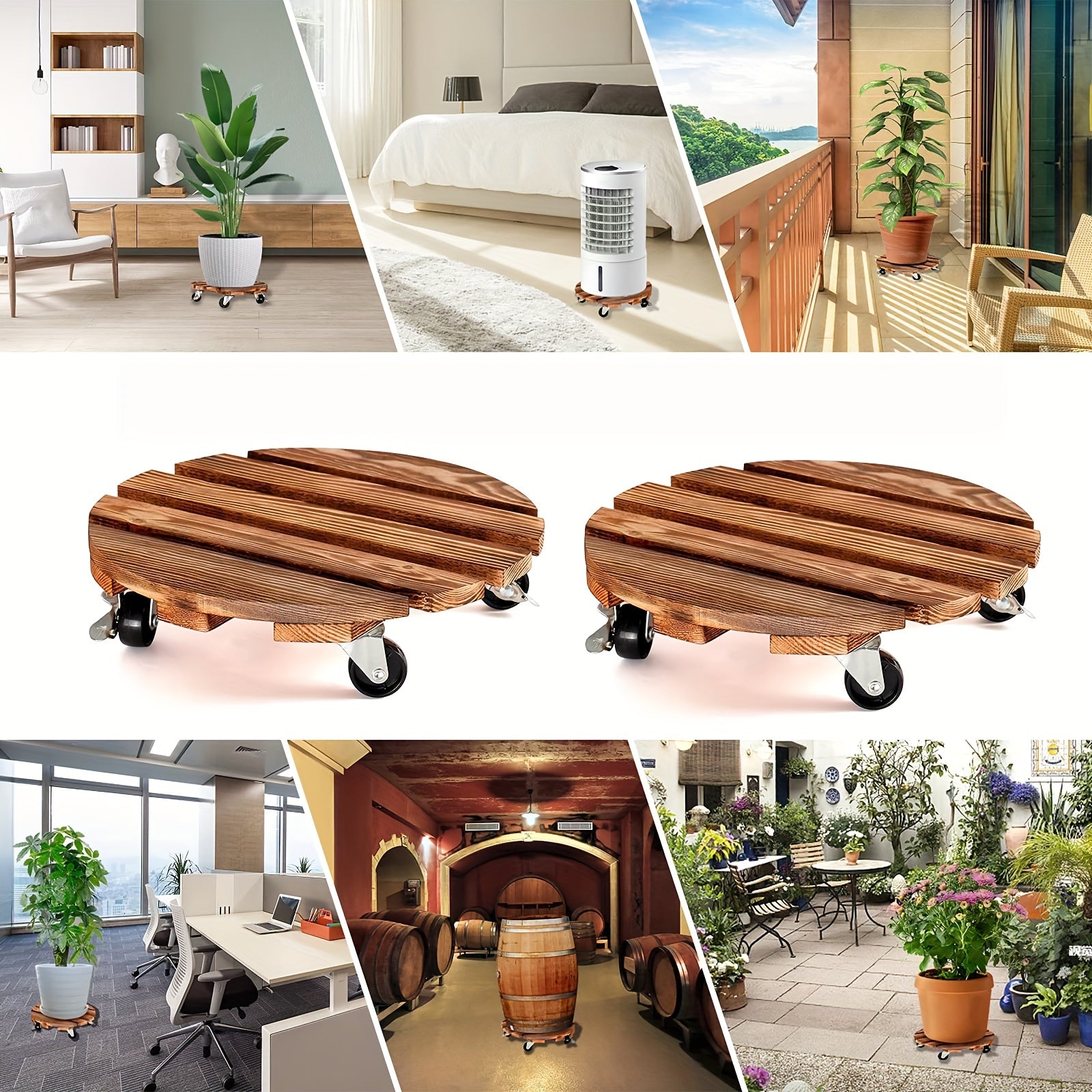 Wooden Plant Caddy Stand w/ Wheels 35cm - Heavy Duty Round Dolly Rollers