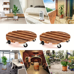 Wooden Plant Caddy Stand w/ Wheels 35cm - Heavy Duty Round Dolly Rollers