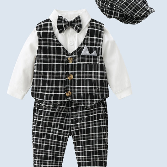 Baby Boys Gentleman Outfit Button Down Shirt Romper & Plaid Pants