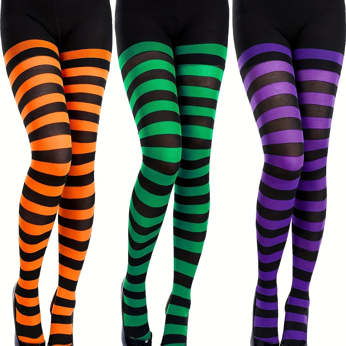 3 Pairs Striped Pantyhose High Waisted Elastic Slim Fit Footed Stockings