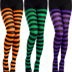 3 Pairs Striped Pantyhose High Waisted Elastic Slim Fit Footed Stockings